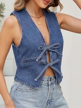 Tied Front Sleeveless Denim Vest in Medium Blue